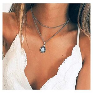Anglacesmade Bohemia Layered Opal Choker Necklace Gemstone Necklace Teardrop Necklace Opal Gem Charm Pendant Necklace Silver Multilayer Chain for Women and Girls