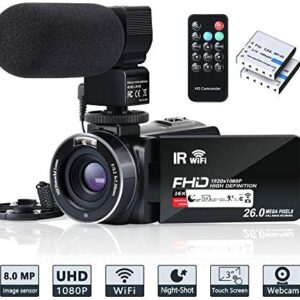 Video Camera Camcorder WiFi IR Night Vision FHD 1080P 30FPS YouTube Vlogging Camera Recorder 26MP 3.0” Touch Screen 16X Digital Zoom Camcorder with Microphone,Remote and 2 Batteries