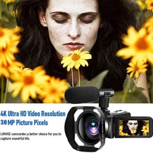 Video Camera 4K Camcorder with Microphone Vlogging Camera YouTube Camera Recorder Ultra HD 30MP 3.0″ IPS Touch Screen with Lens Hood & 2 Batteries