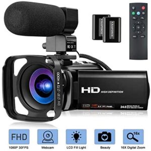 Video Camera with Microphone, FHD 1080P 30FPS 24MP Camcorder YouTube Vlogging Cameras 16X Digital Zoom 3.0 Inch 270° Rotation Screen Webcam Video Camera Recorder with Hood, Remote and 2 Batteries