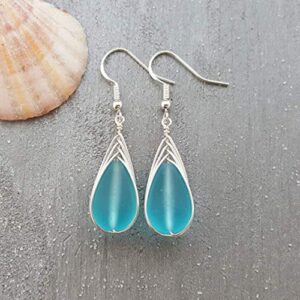 Handmade in Hawaii, wire braided blue sea glass earrings,”December Birthstone”, Hawaiian Gift, (Hawaii Gift Wrapped, Customizable Gift Message)
