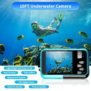 Waterproof Camera Full HD 2.7K 48 MP Underwater Camera Video Recorder Selfie Dual Screens 16X Digital Zoom Flashlight Waterproof Digital Camera for Snorkeling