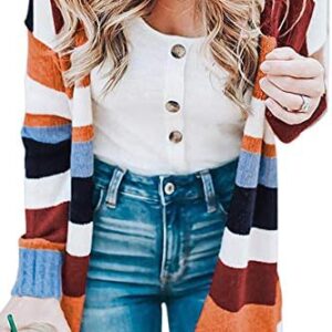 ECOWISH Womens Color Block Striped Draped Kimono Cardigan Long Sleeve Open Front Casual Knit Sweaters Coat Soft Outwear