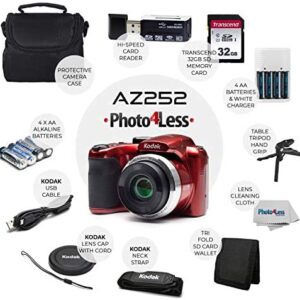Kodak PIXPRO AZ252 Astro Zoom 16MP Digital Camera (Red) + Point & Shoot Camera Case + Transcend 32GB SD Memory Card + Rechargeable Batteries & Charger + USB Card Reader + Table Tripod + Accessories