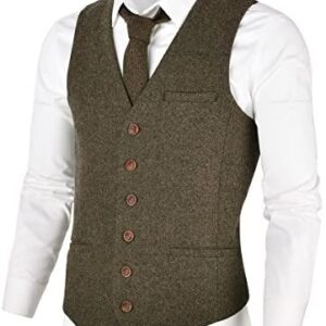 VOBOOM Men’s Slim Fit Herringbone Tweed Suits Vest Premium Wool Blend Waistcoat