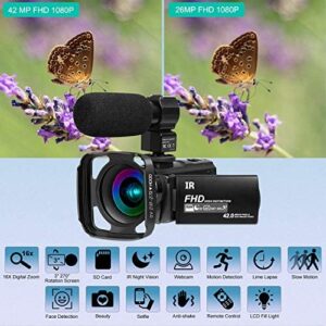 Video Camera Camcorder with Microphone FHD 1080P 30FPS 42MP IR Night Vision Digital Camera for YouTube Vlogging 3 Inch IPS Touch Screen Camcorder Recorder with 64GB SD Card,Remote Control, Lens Hood