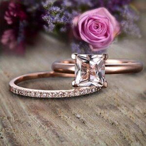 1.25 Carat Princess Cut Morganite and Diamond Engagement Bridal Wedding Ring Set in 10k Rose Gold