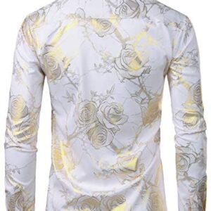 ZEROYAA Men’s Nightclub Shiny Golden 3D Rose Printed Slim Fit Button Down Party Dress Shirt