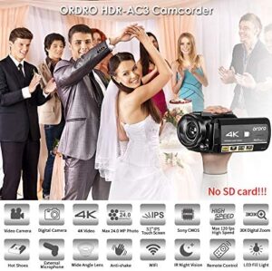 4K Camcorder, ORDRO AC3 Ultra HD Video Camera 1080P 60FPS IR Night Vision Camcorder and WiFi Camera Recorder 3.1’’ IPS Touch Screen Digital Camcorders with Microphone Wide Angle Lens