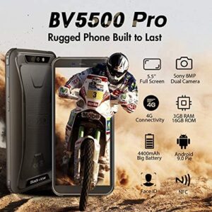 Rugged Unlocked Cell Phones, Blackview BV5500 Pro 4G Smartphones IP68 Waterproof Drop Proof, 5.5” 3GB+16GB Dual SIM [Quad Core] Android 9.0 4400mAh Battery and Face ID Mobile Phones, Black