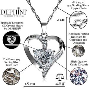 DEPHINI – White Heart Necklace – 925 Sterling Silver A+ Cubic Zirconia Crystal Pendant Birthstone – Fine Jewellery Love – 18″ Premium Rhodium Plated Silver Chain – Gifts for Women