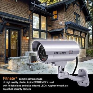 Dummy Security Camera, FITNATE 4 Packs Fake Surveillance Security CCTV Camera System with LED Red Flashing Light for Both Indoor & Outdoor Use + Security Camera Warning Stickers × 4 (Silver)