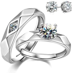 Aeici 925 Sterling Silver Couple Rings Cubic Zirconia Wedding Ring for His & Her Promise Ring Adjustable (Heart Matching Ring)