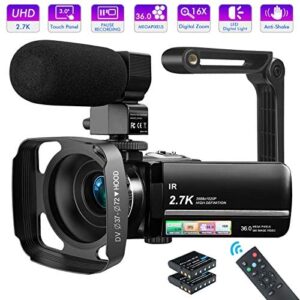 Video Camera Camcorder Digital Youtube Vlogging Camera, 2.7K Full HD 36MP/30FPS, IR Night Vision, 3.0″ IPS Touch Screen, 16X Digital Zoom, Video Camcorder with Microphone, Remote Control, 2 Batteries
