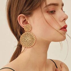 CEALXHENY Rattan Earrings for Women Handmade Straw Wicker Braid Drop Dangle Earrings Lightweight Geometric Statement Earrings