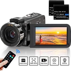 Video Camera Camcorder Full HD 1080P 36MP 30FPS Digital YouTube Vlogging Camera Video Recorder with Night Vision 3.0 Inch 270 Degree Rotation IPS Screen 16X Zoom Remote Control, 2 Batteries