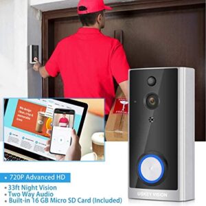 Wireless Video Doorbell with Chime, Wireless Doorbell Camera,Wirefree Battery Video Doorbell, Freewire Rechargeable Battery Doorbell 2-Way Audio 720P APP Control by USKEYVISION (Silver)