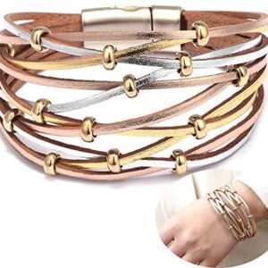 Jurxy Multilayer Leather Wrap Bracelet Silver Beaded Bohemian Braided Cuff Bangle Wristbands Wide Belt Jewelry for Women Girl – Gold and Silver