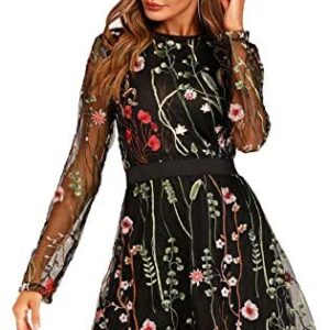 Milumia Women’s Round Neck Floral Embroidered Mesh Long Sleeve Dress