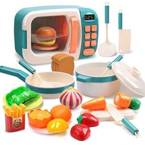 CUTE STONE Microwave Toys Kitchen Play Set,Kids Pretend Play Electronic Oven with Play Food,Cookware Pot and Pan Toy Set, Cooking Utensils,Great Learning Gifts for Baby Toddlers Girls Boys