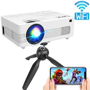 QKK Upgraded 3600Lumens WiFi Projector, Full HD 1080P Supported Mini Projector [Tripod Included], Synchronize Smartphone Screen by WiFi/USB Cable, Phone/HDMI/AV/USB/TF/Sound Bar/TV Stick Supported