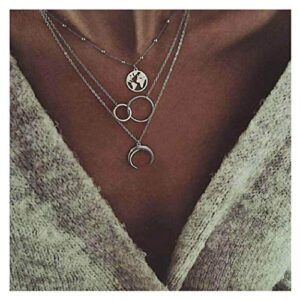 Edary Boho Layered Necklace Moon Necklaces Map Pendant Silver Jewelry for Women and Girls.