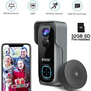 Doorbell Camera Video Doorbell Waterproof/1080P HD/32GB Micro SD Card/Night Vision/Two-Way Audio/160°Wide Angel/PIR Motion Detection for iOS & Android AWOW J1