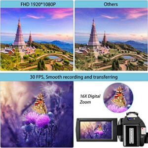 Video Camera with Microphone, FHD 1080P 30FPS 24MP Camcorder YouTube Vlogging Cameras 16X Digital Zoom 3.0 Inch 270° Rotation Screen Webcam Video Camera Recorder with Hood, Remote and 2 Batteries