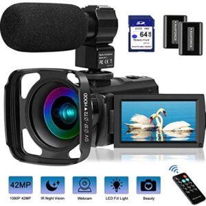 Video Camera Camcorder with Microphone FHD 1080P 30FPS 42MP IR Night Vision Digital Camera for YouTube Vlogging 3 Inch IPS Touch Screen Camcorder Recorder with 64GB SD Card,Remote Control, Lens Hood