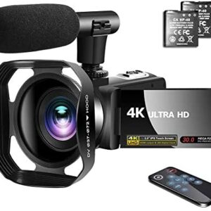 Video Camera 4K Camcorder with Microphone Vlogging Camera YouTube Camera Recorder Ultra HD 30MP 3.0″ IPS Touch Screen with Lens Hood & 2 Batteries