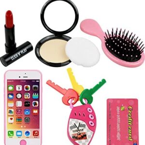Click N’ Play 8Piece Girls Pretend Play Purse, Including A Smartphone, Car Keys, Credit Card, Lipstick, Lights Up & Make Real Life Sounds