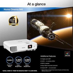 Epson Home Cinema 660 3, 300 Lumens Color Brightness (Color Light Output) 3, 300 Lumens White Brightness (White Light Output) HDMI 3LCD Projector (Renewed)