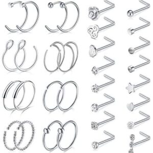 D.Bella Surgical Stainless Steel 20G 8mm Nose Rings Hoop L Shaped Bone Screw Nose Rings Studs 32pcs Nose Piercing Jewelry Set