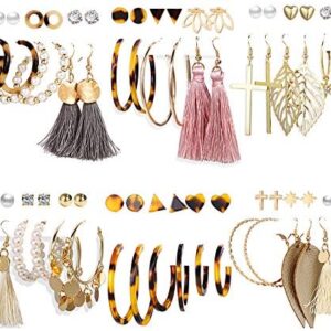36 Pairs Fashion Tassel Earrings Set for Women Girls Gold Cross Dangle Leaf Earrings Bohemian Acrylic Hoop Stud Earrings for Birthday/Party/Dinner/Christmas