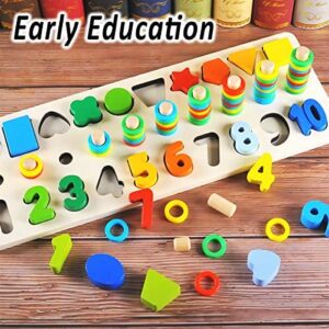 CozyBomB Wooden Number Puzzle Sorting Montessori Toys for Toddlers – Shape Sorter Counting Game for Age 3 4 5 Year olds Kids – Preschool Education Math Stacking Block Learning Wood Chunky Jigsaw